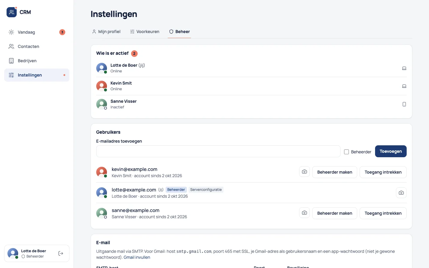 Instellingen, Beheer: wie er actief is en de gebruikers van het team, met profielfoto's.