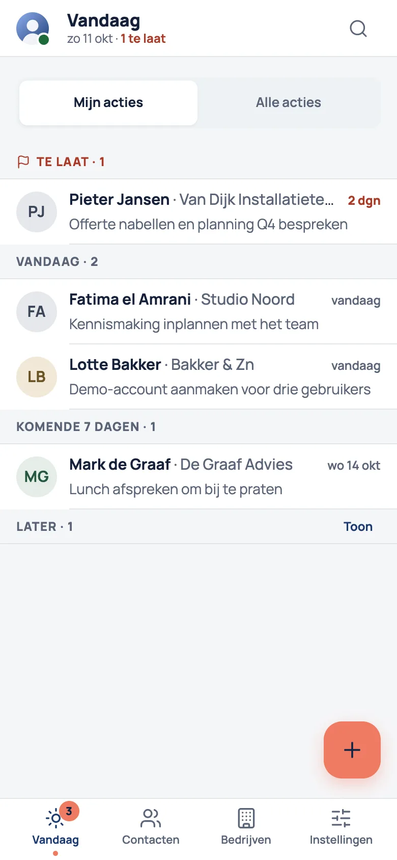 Vandaag op de telefoon: opvolgacties in de groepen te laat, vandaag en komende 7 dagen, twee regels per actie.